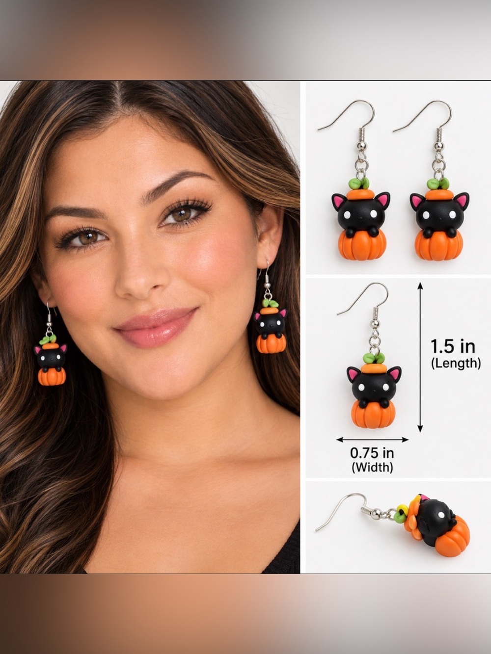 Halloween Black Cat Pumpkin Drop Earrings - Picture 2 of 2